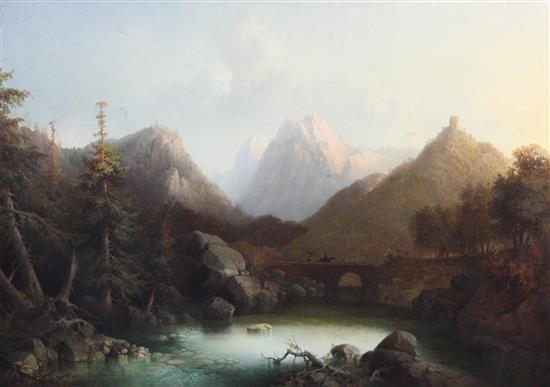 Carl Fedeler (German, 1837-1897) Travellers in an alpine landscape 21.5 x 30.5in.